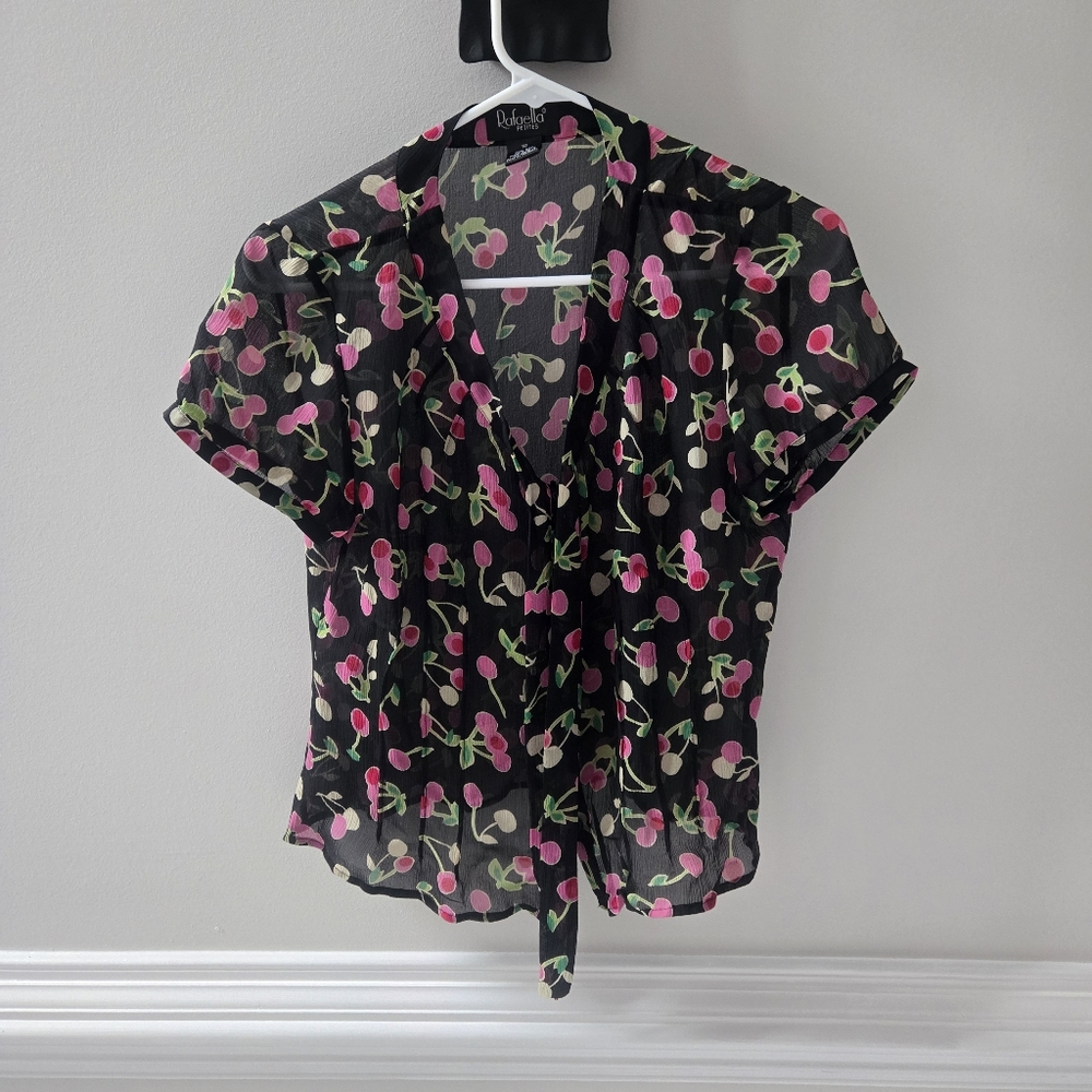 Vintage Rafaella Sheer Womens Blouse Tie Front Black With Cherry 100% Silk 10
